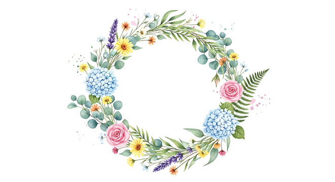 Floral wreath with pink roses, blue hydrangeas, and eucalyptus leaves isolated on transparent background