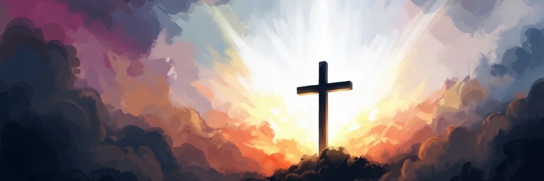 Wooden cross against an abstract sky. Symbol of faith and hope. Easter background for religious celebration and spiritual devotion.