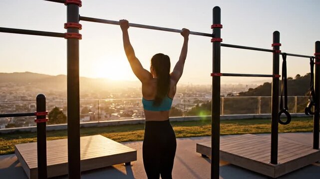 Woman exercising on outdoor bars against the sunset background