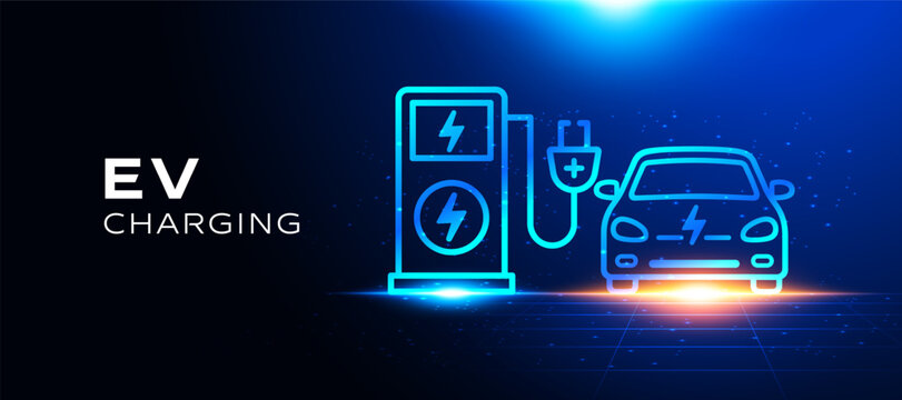 Neon EV charging station with electric car futuristic energy concept vector illustration.
Clean power technology smart mobility transportation background. banner design