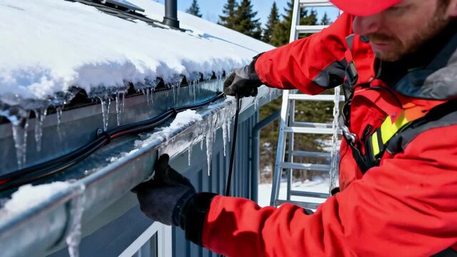 Medium shot of a technician installing heat cables along roof gutters to prevent ice buildup and improve water flow during winter conditions.