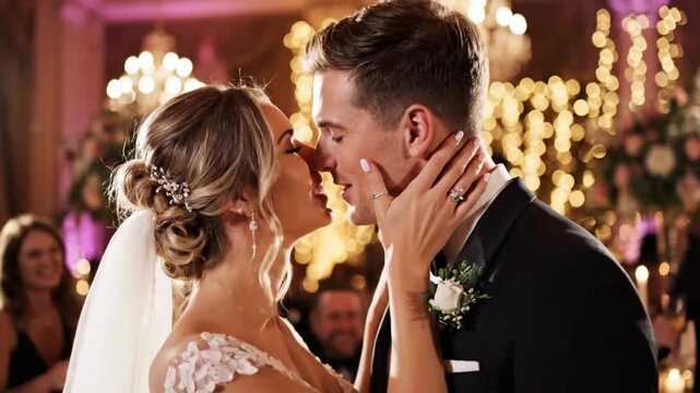 Couple shares first dance at wedding reception in elegant venue with guests and decorations