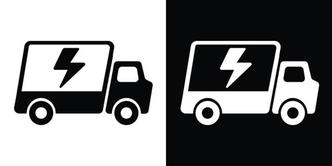 Fast electric delivery truck icon. Features a lightning bolt symbol on a cargo van. Vector illustration for rapid EV shipping, emergency electrical service, and high-speed energy transport. © bibin