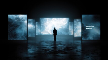 Fototapeta premium Screen-Free Week: dark conceptual banner, human silhouette surrounded by towering glowing screens in darkness, feeling of isolation and psychological pressure, cinematic dramatic lighting