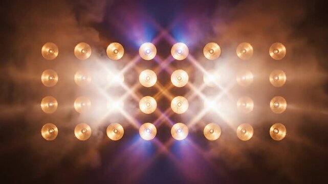 Powerful stage wall of golden lights shining through thick orange smoke, perfect for music festival intros or DJ performances.