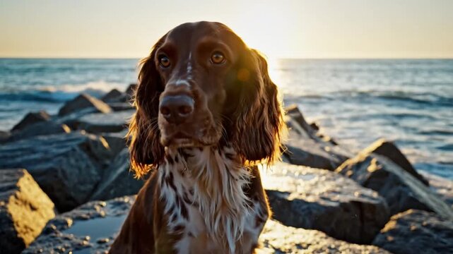 Beautiful English Springer Spaniel dog sitting on rocks by the ocean at golden hour, watching the sunset.