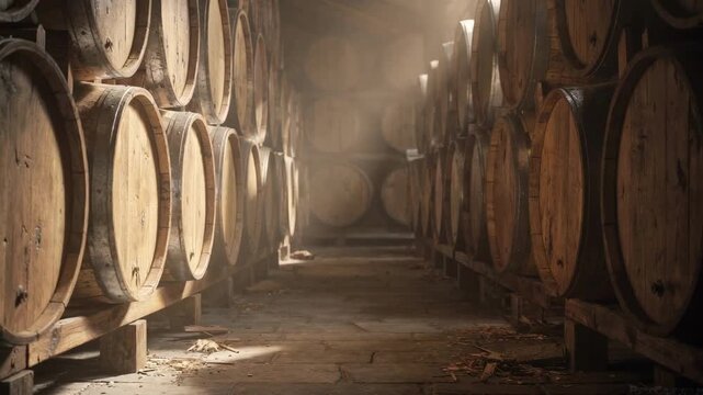 Medium shot of a barrel aging room with warm side lighting highlighting wooden textures and aged barrels stacked in symmetrical rows creating a cozy rustic ambiance.