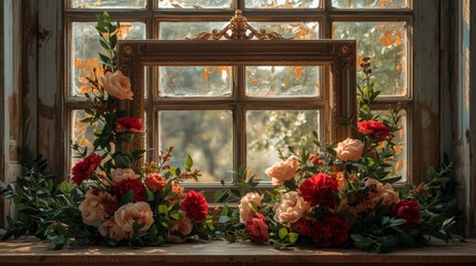 Vibrant flowers displayed on a sunlit windowsill with an ornate frame