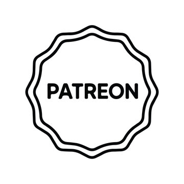 Simple black and white line art icon showing a decorative badge with the generic word patreon inside