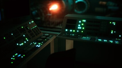 Fototapeta premium In a dark control room, illuminated buttons and screens create a moody atmosphere. The setup hints at advanced technology, casting a green glow that enhances intrigue.