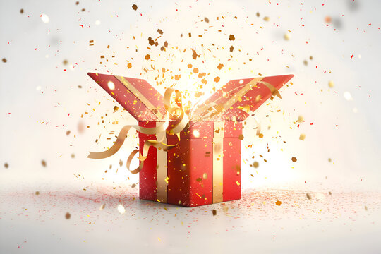 Magical glowing red gift box with radiant gold bow and sparkles for celebrations