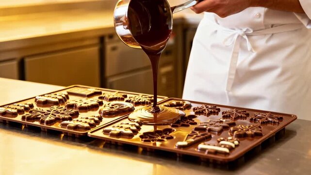 Closeup medium view of a chocolatier expertly filling solid seasonal molds showcasing rich melted chocolate flowing evenly and filling every intricate holiday design.