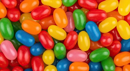 Vibrant close-up of colorful jelly beans scattered randomly, showcasing a playful and sweet assortment of fruit flavors and bright hues.