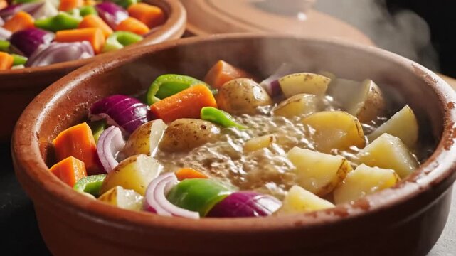 Close-up of steaming vegetable stew with potatoes, carrots, onions, and bell peppers cooking in a terracotta dish
