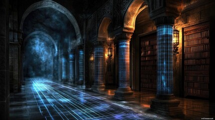 Fototapeta premium mystic ancient library hall with glowing blue lines