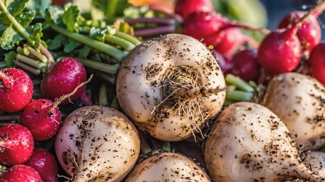 Close-up of Freshly Harvested Radishes and Turnips in Wooden Crate at Farmers Market