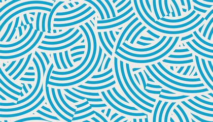 Seamless abstract geometric pattern featuring blue overlapping circular lines and waves. Creative striped messy background. Modern minimalist texture suitable for Japanese-style designs, fabric.