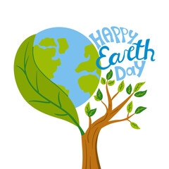 Vibrant Earth Day illustration featuring a heart-shaped composition with world globe integrated into a flourishing tree with green leaves. Stylized Happy Earth Day text promotes environmental care.