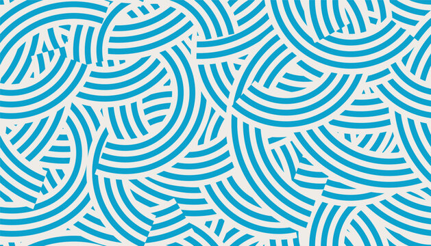 Seamless abstract geometric pattern featuring blue overlapping circular lines and waves. Creative striped messy background. Modern minimalist texture suitable for Japanese-style designs, fabric.