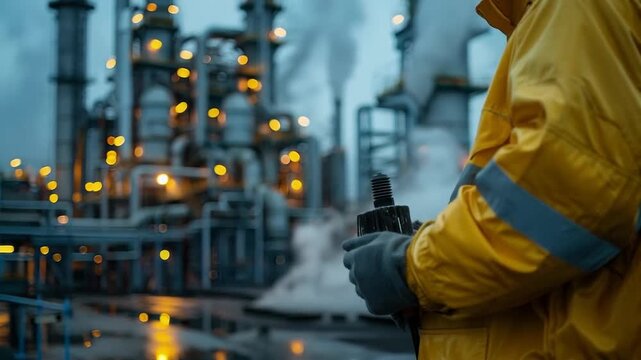 A person in a protective yellow suit holds a tool at an industrial facility, emphasising the importance of safety in potentially hazardous conditions, which is relevant for safety training materials a