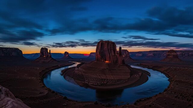 Sunset over Monument Valley with winding river and rock formations in the background at dusk