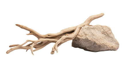 Fototapeta premium Natural driftwood and stone arrangement, perfect for decoration or nature-inspired designs on white isolated background.