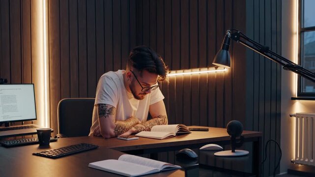 Tattooed man reads book at desk under glowing lamp. Student focused on learning in modern workspace. Reader studies at night. Reading man desk study book lamp student learning reader workspace