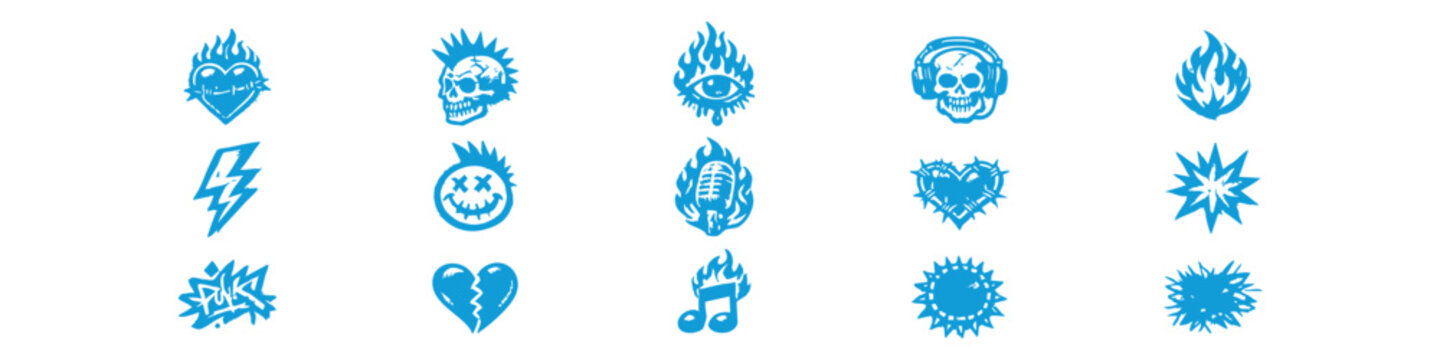 Set of distressed punk rock icons and stickers with skulls, flaming hearts, lightning, and music symbols in an edgy grunge aesthetic.