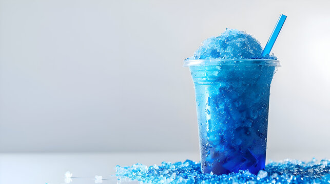 Delicious blue slush ice drink in a transparent plastic cup