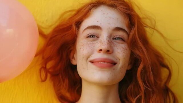 A girl with red hair and freckles smiles against a bright yellow background, creating a warm and positive atmosphere, ideal for use as a background for invitations or advertisements for festive events
