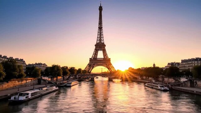 Sunset over the Seine River with the Eiffel Tower in Paris during early evening