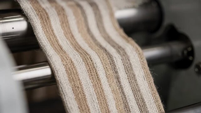Closeup of striped bamboo socks being carefully shaped on a milling machine showcasing the delicate weaving of ecoconscious lowimpact fibers.