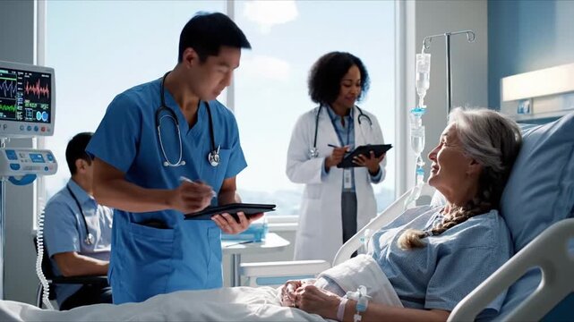 Healthcare professionals provide medical care to a patient in a hospital room during the daytime