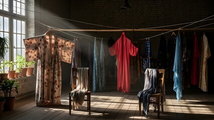 Fototapeta premium A sunlit room filled with hanging colorful robes, creating a serene and artistic scene