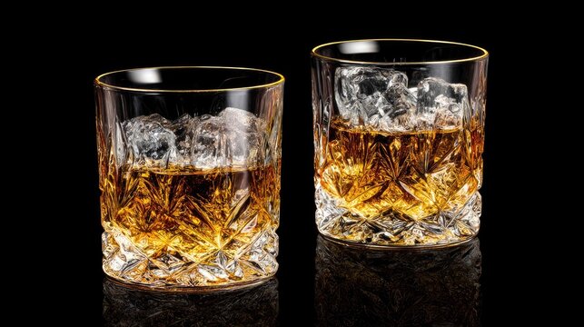 Elegant whiskey glasses with ice on a reflective black surface