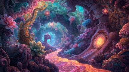 A mystical journey through an enchanted forest of glowing flora and hidden pathways