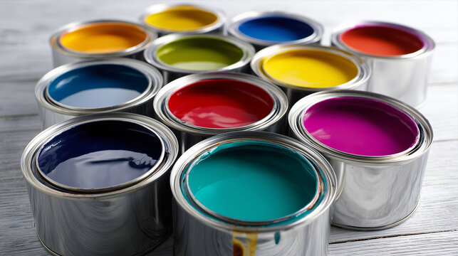 Mehrere Farbdosen mit kr&auml;ftigen Farben. Ideal f&uuml;r DIY, Renovierung, Malerei und kreatives Gestalten.