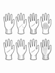 Fototapeta premium Illustration of Medical Gloves Used in Clinical Settings Showing Different Styles, Textures, and Designs in Rows Against a White Background; Depicting Protection, Sanitation, Cleanliness and Care in V