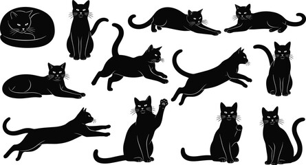 Vector illustration of cat silhouettes in diverse poses symbolizing pets, wildlife, culture, nature, biology, education, and decorative design © MdRabiul