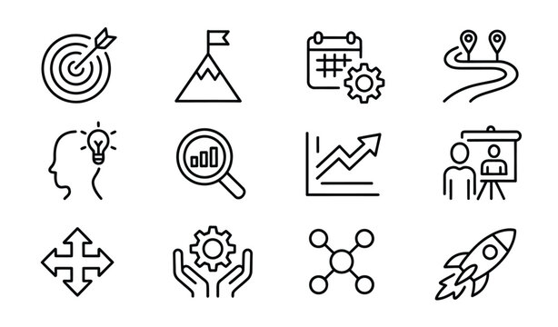business strategy line icons set, corporate management and planning symbols, target goal roadmap brainstorming analysis, startup development marketing finance success theme.