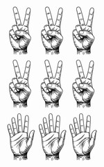 Fototapeta premium Vintage Hand Gestures Illustration: Symbolic Peace Sign, Victory Hand, and Open Palm Expressions in Woodcut Style on White Background – Conceptual Art for Communication, History Projects, Sign Languag
