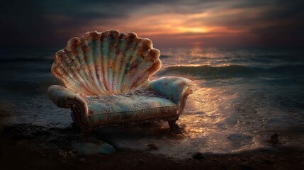 Coastal Serenity with Artistic Shell-Shape Chair at Sunset Beach