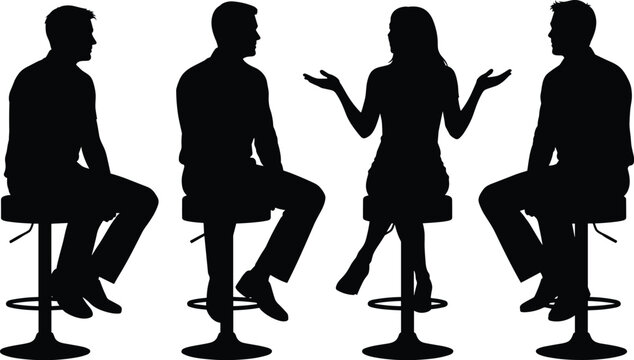 People sitting on bar stools talking and communicating silhouette set for social meeting discussion flavector vector illustration group of friends.