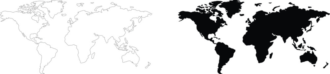 World map outline and black silhouette set, simplified global earth continents vector illustration on white background © Vexora