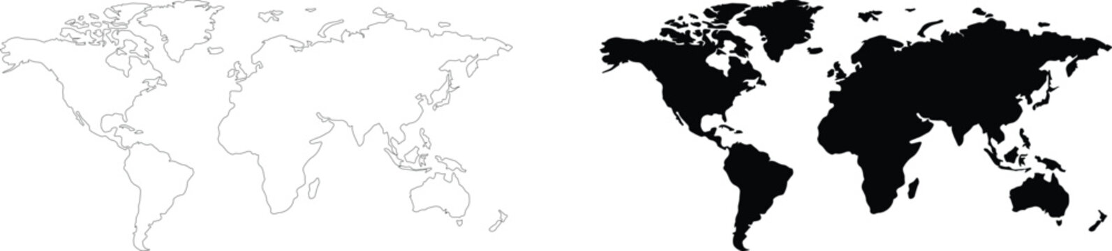 World map outline and black silhouette set, simplified global earth continents vector illustration on white background