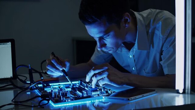 Engineer reviews microchip board. Laboratory technician supports man in testing. Scientist explains research aim. Innovation and technology development rely on precise microchip control