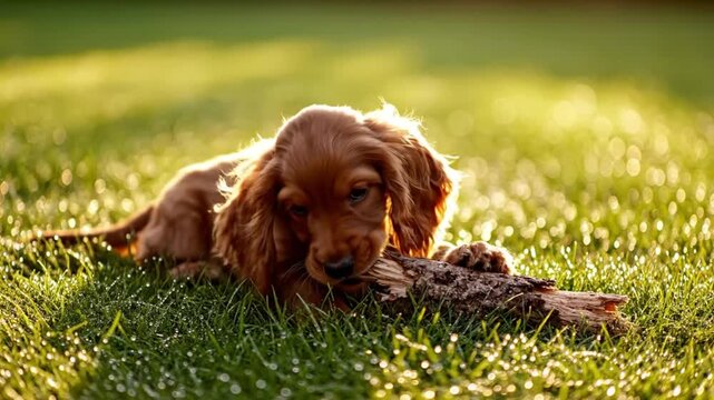 Adorable brown cocker spaniel puppy playing with a stick in the grassy backyard on a sunny day