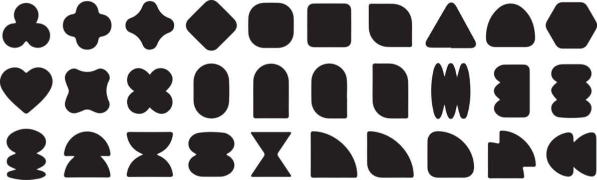 Black geometric shapes and abstract brutalist elements set, minimalist silhouette icons and symbols isolated on white background