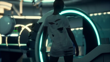 A mysterious figure stands in a dimly lit high tech space, showcasing a torn garment. Neon lights create an atmospheric backdrop, hinting at advanced technology and innovation. © icetray
