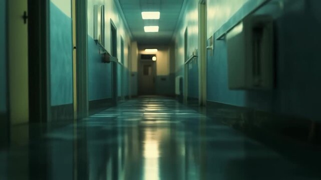 A dim corridor with a wet floor and hazy lighting emphasises the consequences of flooding, creating an unsettling atmospheric backdrop for social videos about climate disasters.
